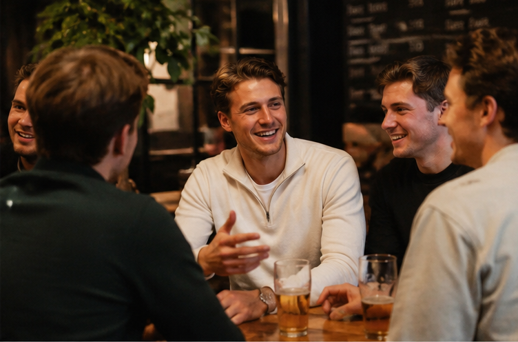 Mannen lachen samen in een park